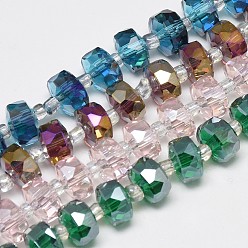 Color mezclado Abalorios de vidrio electrochapa, arco iris chapado, facetados, plano y redondo, color mezclado, 7~8x5 mm, agujero: 1 mm, sobre 80 unidades / cadena, 21.26 pulgada