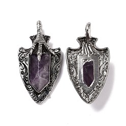 Amethyst Natural Amethyst Faceted Big Pendants, Dragon Claw with Arrow Charms, with Antique Silver Plated Alloy Findings, 55x27.5x10.5mm, Hole: 6mm