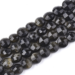 Golden Sheen Obsidian Natural Golden Sheen Obsidian Beads Strands, Faceted, Flat Round, 6x4~4.5mm, Hole: 0.7mm, about 61pcs/strand, 14.96 inch