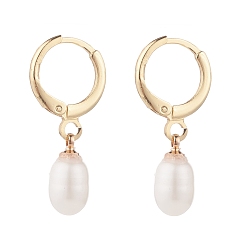 Seashell Color Natural Pearl Beads Drop Huggie Hoop Earrings for Women, Light Gold, Seashell Color, 25~26mm, Pin: 0.8mm