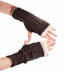Brun De Noix De Coco Gants sans doigts à tricoter en fil de fibre acrylique, gants chauds d'hiver à bord en dentelle avec trou pour le pouce pour femmes, brun coco, 190x75mm