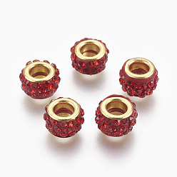 Red Handmade Polymer Clay European Beads, Large Hole Beads, with Brass Core, Flat Round, Golden, Red, 11.5x7mm, Hole: 5mm