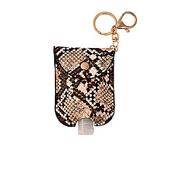 Bisque Plastic Hand Sanitizer Bottle with PU Leather Cover, Portable Travel Squeeze Bottle Keychain Holder, Snake Skin Pattern, Bisque, 100x70mm