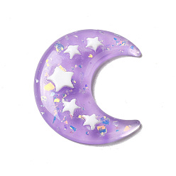 Lilac Translucent Resin Cabochons, Moon with Star Paillette, Lilac, 36x32.5x6mm