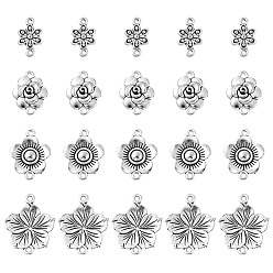 Argent Antique 20 pcs 4 styles breloques de connecteur en alliage de zinc de style tibétain, liens de fleurs, argent antique, 14~21x10~26x2~3.5mm, Trou: 1.4~1.8mm, 5 pcs / style