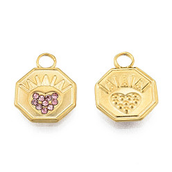 Real 18K Gold Plated 304 Stainless Steel Pendants, with Light Rose Rhinestone, Octagon with Heart, Real 18K Gold Plated, 16.5x12.5x2mm, Hole: 3mm