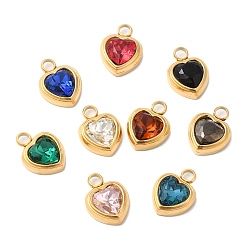 Mixed Color Ion Plating(IP) 304 Glass Charms, with Glass, Heart, Real 14K Gold Plated, Mixed Color, 16x12x6mm, Hole: 3mm