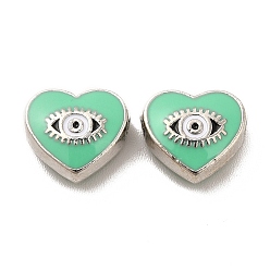 Aquamarine Alloy Enamel Beads, Heart with Horse Eye, Platinum, Aquamarine, 9x10x4mm, Hole: 1.6mm