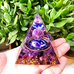 Amethyst Orgonite Pyramid Resin Display Decorations, with Natural Amethyst Chips Inside, for Home Office Desk, 60x60mm