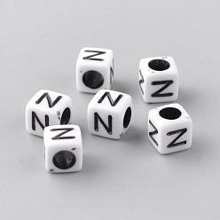 Letter N Perles acryliques opaques, style de lettre, cube, letter.n, 6x6x6mm, trou: 3 mm, environ 3000 pcs / 500 g