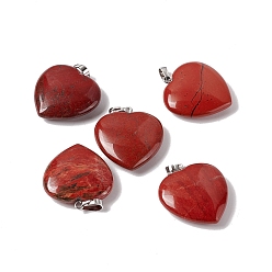 Jaspe Rouge Pendentifs naturels de jaspe rouge, avec les accessoires en laiton de tonalité de platine, charme coeur, 27~28x25x7mm, Trou: 7x4mm