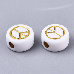 Blanc Perles acryliques opaques, plat rond avec le signe de la paix, plaqué or, blanc, 7x4mm, Trou: 1.6mm, environ3700 pcs / 500 g