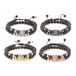 Mixed Color 2Pcs 2 Style Natural Obsidian & Synthetic Hematite Braided Bead Bracelets Set with Cubic Zirconia Leopard, Gemstone Jewelry for Women, Mixed Color, Inner Diameter: 2-1/4~3-3/8 inch(5.7~8.5cm), 1Pc/style
