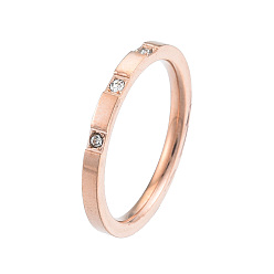 Rose Gold Crystal Rhinestone Simple Thin Finger Ring, 201 Stainless Steel Jewelry for Women, Rose Gold, Inner Diameter: 17mm