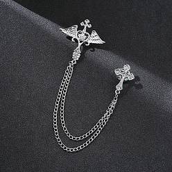 Platinum Angel Wing & Cross Chain Tassel Dangle Brooch Pin, Alloy Rhinestone Badge for Jackets Hats Bags, Platinum, 190mm