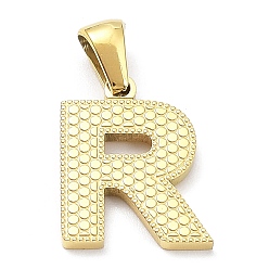 Letter R Revestimiento de iones (ip) 316l colgantes de acero inoxidable quirúrgico, real 18 k chapado en oro, encanto de la letra, textura, letra r, 17x13x1.6 mm, agujero: 3.5 mm