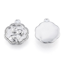 Real Platinum Plated Brass Charms, Cadmium Free & Nickel Free & Lead Free, Flower with Rabbit, Real Platinum Plated, 14x11.5x2.5mm, Hole: 1.4mm
