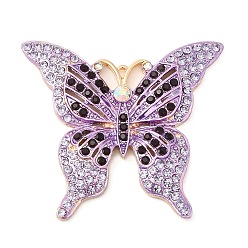 Violet Zinc Alloy Pendants, with Rhinestone, Butterfly, Violet, 45x49x4.5mm, Hole: 1.6mm