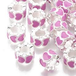 Rose Chaud Alliage d'émail de perles européennes, Perles avec un grand trou   , colonne, couleur argent plaqué, rose chaud, 10x6mm, Trou: 5mm