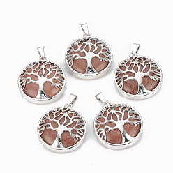 Goldstone Synthetic Goldstone Pendants, with Brass Findings, Flat Round with Tree of Life, Platinum, 30.5x27x8mm, Hole: 7x3mm