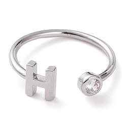 Letter H Brass Micro Pave Clear Cubic Zirconia Cuff Rings, Open Rings, Long-Lasting Plated, Platinum, Letter H, US Size 6, Inner Diameter: 17mm