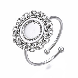 Stainless Steel Color 304 Stainless Steel Open Cuff Finger Ring Cabochon Settings, Flat Round, Stainless Steel Color, US Size 7 3/4(17.9mm), Tray: 6mm