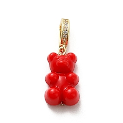 Red Plastic Bear Dangle Hoop Earrings with Clear Cubic Zirconia, Golden Brass Jewelry for Women, Red, 32mm, Pin: 1mm