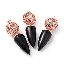 Obsidian Natural Obsidian Big Pendants, Cone Charms with Rack Plating Brass Hollow Ball, Rose Gold, Cadmium Free & Lead Free, 57~58x17.5~18mm, Hole: 8x5mm