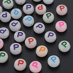 Letter P Acrylic Beads, Glow in the Dark, with Enamel and Luminous, Horizontal Hole, Flat Round with Alphabet, Letter.P, 6.5x7x4mm, Hole: 1.6mm, about 3600pcs/500g