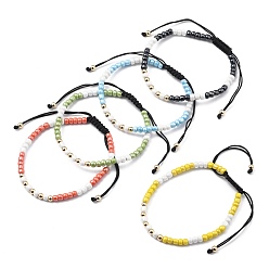 Mixed Color Adjustable Nylon Cord Braided Bead Bracelets, with Glass Seed Beads and Brass Beads, Mixed Color, Inner Diameter: 2-3/8~3-3/4 inch(5.9~9.4cm)