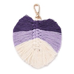Purple Handmade Braided Macrame Cotton Thread Leaf Pendant Decorations, with Brass Clasp, Purple, 13.5cm