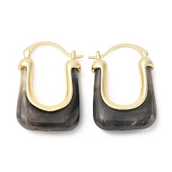 Black Real 16K Gold Plated Brass Hoop Earrings, Resin Imitation Gemstone Earrings for Women, Black, 34x23x9mm