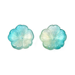 Dark Turquoise Transparent Spray Painted Glass Beads, with Glitter Powder, Two Tone, Flower, Dark Turquoise, 15x15x6mm, Hole: 1.2mm