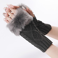 Gray Polyacrylonitrile Fiber Yarn Knitting Fingerless Gloves, Fluffy Winter Warm Gloves with Thumb Hole, Gray, 200~260x125mm