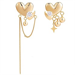 Oro Aretes asimétricos corazón de circonitas cúbicas transparentes con luna y estrella, pendientes colgantes de borla larga de latón para mujer, dorado, 94.5x25 mm, 30x22 mm, pin: 0.7 mm