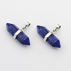 Lapis Lazuli Natural Lapis Lazuli Double Terminated Pointed Pendants, with Platinum Plated Brass Findings, Bullet, 15.5x30~35x8~9mm, Hole: 5x7.5mm