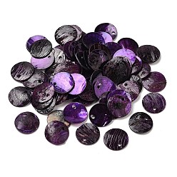 Violeta Oscura Encantos de conchas de akoya naturales pintados con spray, madre de concha, encantos planas redondas, violeta oscuro, 13x1.5 mm, agujero: 1 mm
