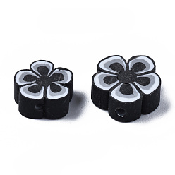 Negro Abalorios de la arcilla de polímero hechos a mano, flor, negro, 7~10x7~11x3~5 mm, agujero: 1.6 mm