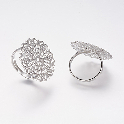Platinum Brass Filigree Ring Bases, Adjustable, Lead Free, Cadmium Free and Nickel Free, Platinum Color, Plated,Size: Ring: 18~19mm in diameter, 1mm thick, Tray: about 25mm in diameter, 0.8mm thick