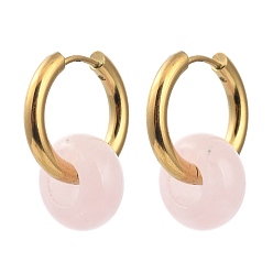 Rose Quartz 304 Stainless Steel Huggie Hoop Earrings, with 316 Surgical Stainless Steel Pin and Rondelle Natural Rose Quartz Beads, Golden, 25mm, Pin: 0.9mm