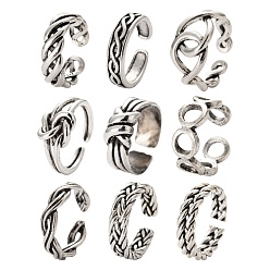 Antique Silver 9Pcs 9 Style Alloy Cuff Finger Rings, Open Rings, Antique Silver, 5~12mm, Inner Diameter: 16~18mm, 1pc/style