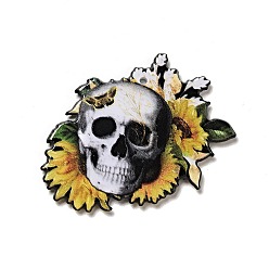 Skull Halloween Printed Acrylic Pendants, Skull with Sunflower Charms, 37x40x2.5mm, Hole: 1.6mm