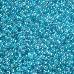 Sky Blue 11/0 Grade A Round Glass Seed Beads, Transparent Inside Colours, AB Color Plated, Sky Blue, 2.3x1.5mm, Hole: 1mm, about 48500pcs/pound