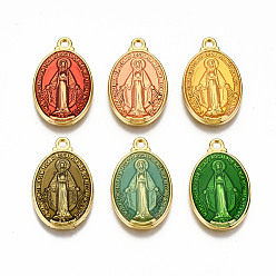 Mixed Color Brass Enamel Pendants, Long-Lasting Plated, Oval with Saint, Golden, Mixed Color, 25.5x15x2mm, Hole: 2mm