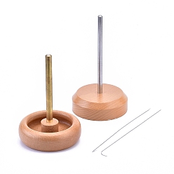 BurlyWood Wooden Manual Seed Bead Spinner Holder, Speedy Bead Loader, with 2Pcs Iron Curved Beading Needle, for Stringing Beads Quickly, BurlyWood, 9.85x15cm, Needle: 19x0.05cm