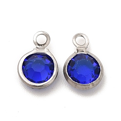 Blue 304 Stainless Steel with Glass Charms, Stainless Steel Color, Faceted Flat Round, Blue, 9.5x6.5x2mm, Hole: 1.5mm