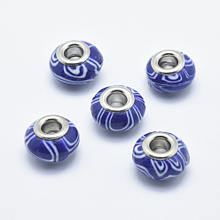 Bleu Moyen  Perles européennes en pate polymère manuelles, avec noyaux en laiton plaqué couleur argent, Perles avec un grand trou   , rondelle, bleu moyen, 13~16x8~11mm, Trou: 4.5~5mm