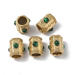 Real 18K Gold Plated Vacuum Plating 201 Stainless Steel Beads, Large Hole Beads, with Synthetic Malachite, Column, Real 18K Gold Plated, 14.5x13.5x13mm, Hole: 7mm