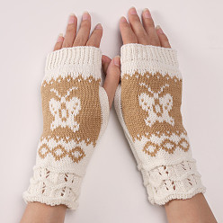Antique White Polyacrylonitrile Fiber Yarn Knitting Fingerless Gloves, Winter Warm Gloves with Thumb Hole, Butterfly Pattern, Antique White, 200x80mm