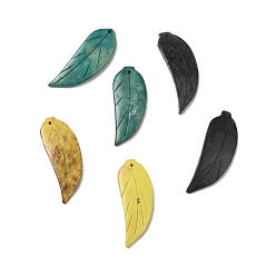 Couleur Mélangete Grands pendentifs sculptés en noix de coco naturelle, teint, feuille, couleur mixte, 50x18x5mm, Trou: 1.8mm